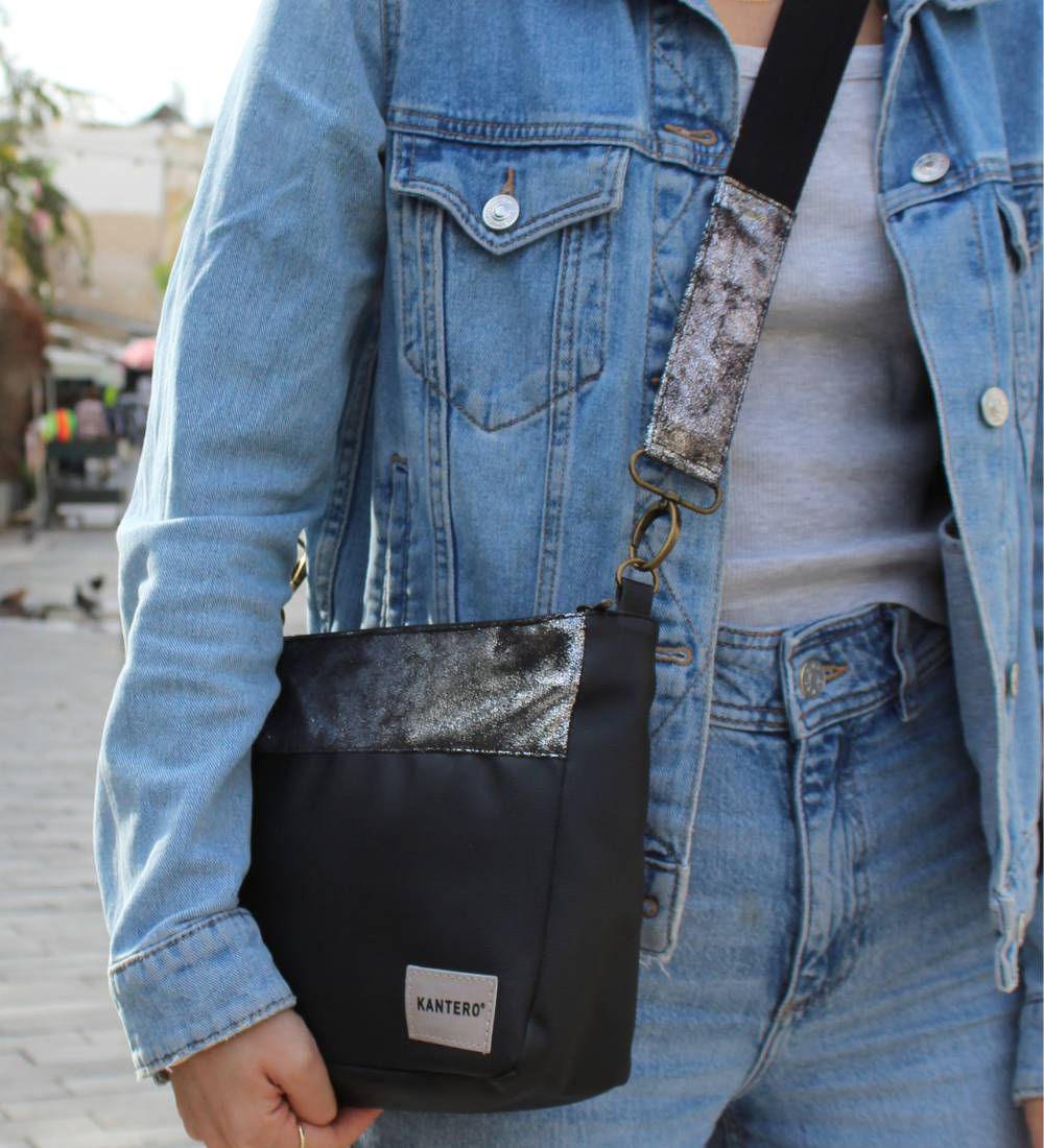 תיק צד SLIDE-כסוף משופשף ושחור